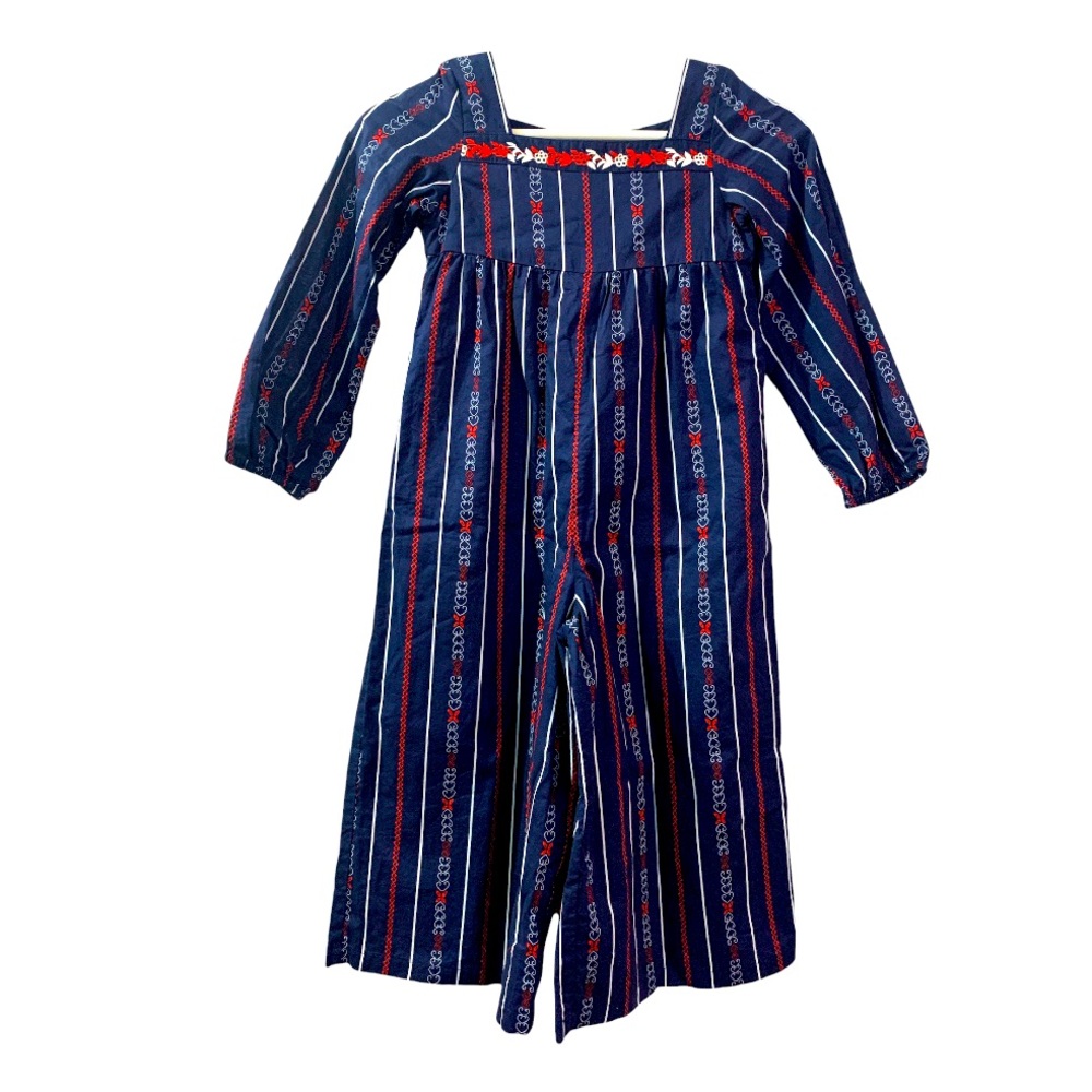 Janie And Jack Girls Navy Stripe Romper Blue Red White 6 Pockets Square Neckline